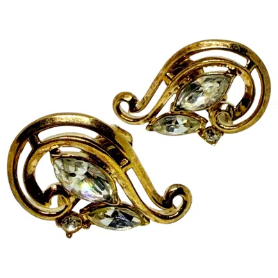 Pre-owned Trifari Crown Gold Tone Rhinestone Designer Clip On Earrings In Multi
