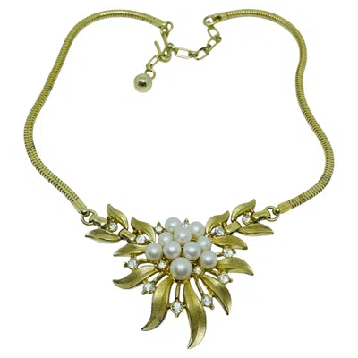 Pre-owned Trifari Crown Signed Gold Pearl Rhinestone Flower Designer Necklace In Multi