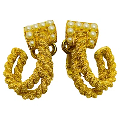 Pre-owned Trifari Crown Signed Gold Plated Faux Pearl Clip On Designer Earrings In Multi