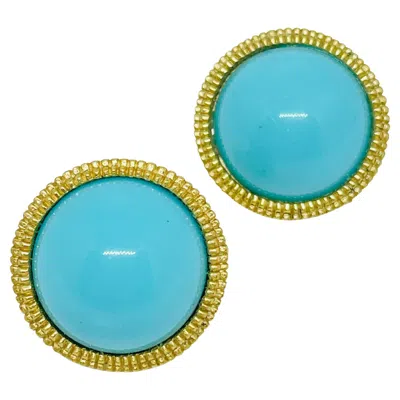 Pre-owned Trifari Crown Signed Gold Tone Faux Turquoise Designer Clip On Earrings In Multi