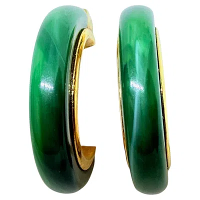 Pre-owned Trifari Crown Signed Gold Tone Green Lucite Hoop Designer Clip On Earrings