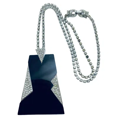 Pre-owned Trifari Crown Signed Silver Black Modernist Rhinestone Designer Runway Necklace