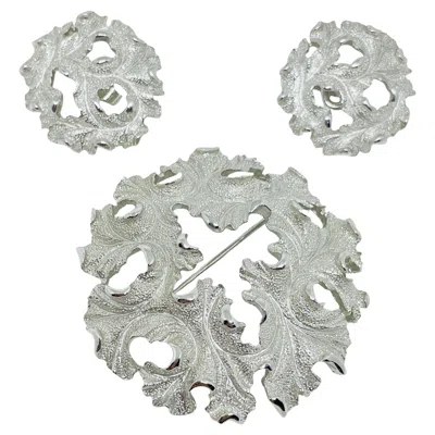 Pre-owned Trifari Crown Signed Silver Tone Designer Brooch Earrings Set In Multi