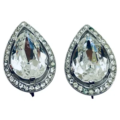 Pre-owned Trifari Crown Signed Silver Tone Glass Designer Clip On Earrings In Multi