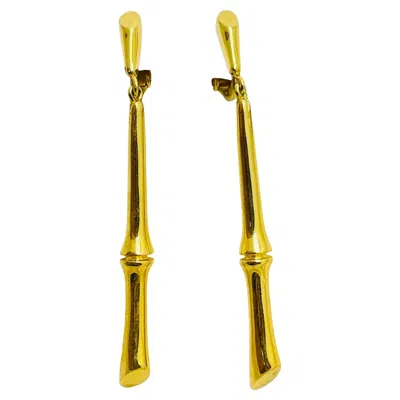 Pre-owned Trifari Crown Signed Vintage Gold Bamboo Dangle Designer Clip On Earrings In Multi