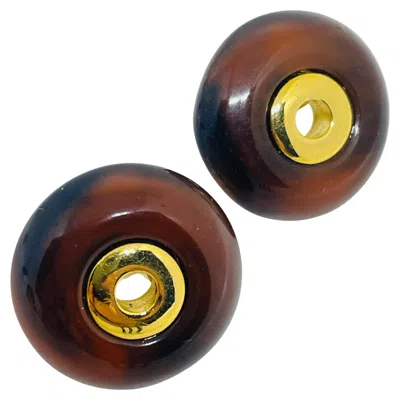 Pre-owned Trifari Crown Signed Vintage Gold Tone Amber Lucite Designer Clip On Earrings In Brown