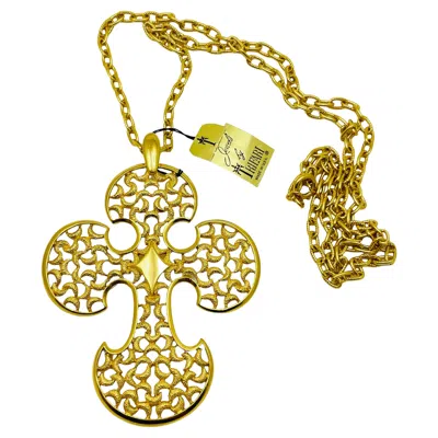 Pre-owned Trifari Crown Signed Vintage Gold Tone Cross Designer Necklace With Tags In Multi