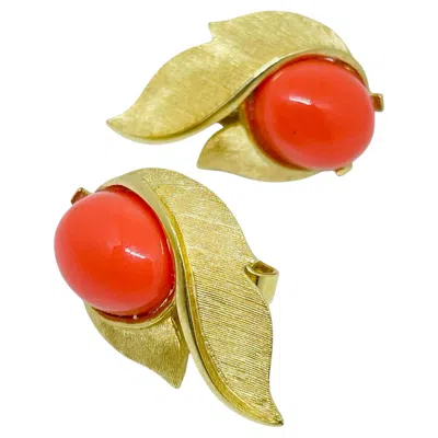 Pre-owned Trifari Crown Signed Vintage Gold Tone Faux Coral Leaf Designer Clip On Earrings In Red