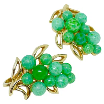 Pre-owned Trifari Crown Signed Vintage Gold Tone Green Jade Glass Designer Clip Earrings