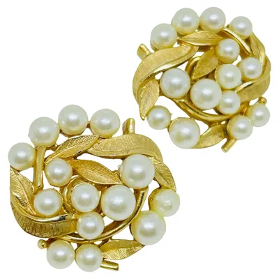 Pre-owned Trifari Crown Signed Vintage Gold Tone Pearl Designer Clip Earrings In Multi