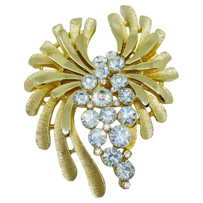 Pre-owned Trifari Crown Signed Vintage Gold Tone Rhinestone Designer Brooch In Multi