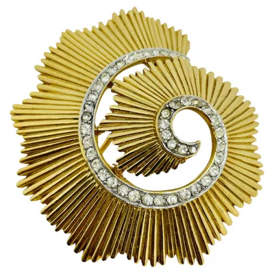 Pre-owned Trifari Crown Signed Vintage Gold Tone Rhinestones Swirl Designer Brooch In Multiple