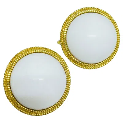 Pre-owned Trifari Crown Signed Vintage Gold Tone White Cabochon Designer Clip On Earrings