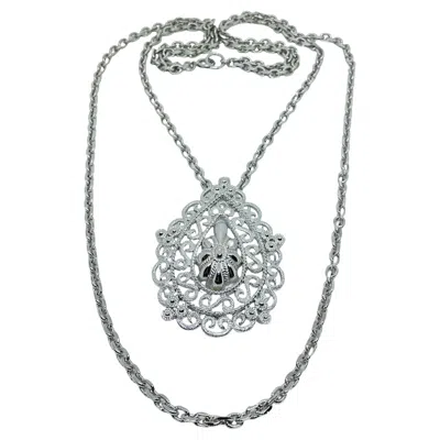 Pre-owned Trifari Crown Signed Vintage Silver Tone Pendant Chain Designer Necklace In Multi