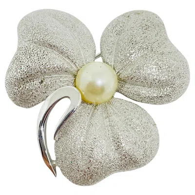 Pre-owned Trifari Crown Signed Vintage Silver Tone Textured Flower Pearl Designer Brooch In Multi