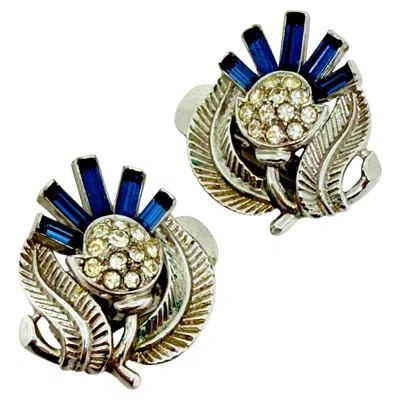 Pre-owned Trifari Crown Silver Tone Sapphire Baguette Rhinestone Designer Clip On Earrings In Blue