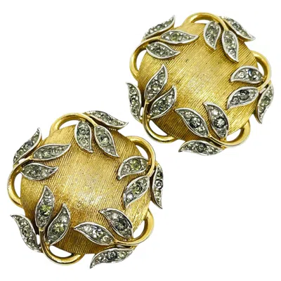 Pre-owned Trifari Crown Vintage Signed Gold Plated Rhinestones Designer Clip On Earrings In Multi