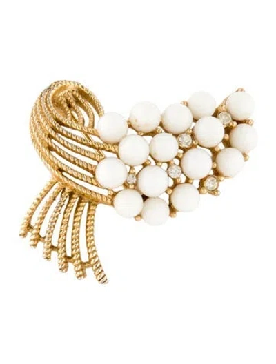 Pre-owned Trifari Crystal & Bead Textured Pin Brooch In White