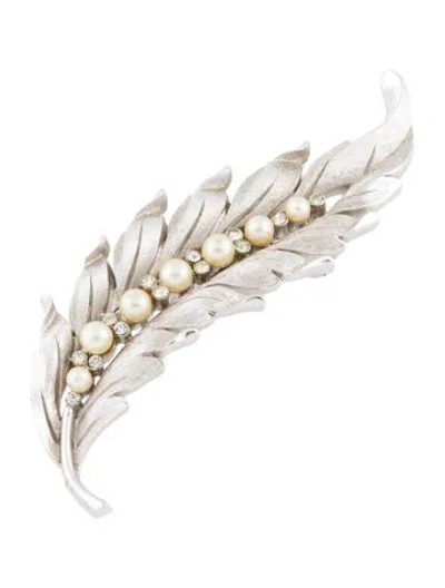 Pre-owned Trifari Crystal & Faux Peal Feather Brooch Pin In Multicolor