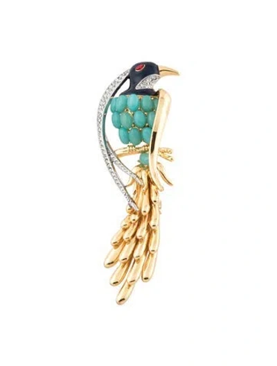 Pre-owned Trifari Crystal, Enamel & Resin Bird Brooch Pin In Blue/clear/red