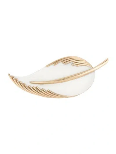 Pre-owned Trifari Enamel Leaf Pin Brooch In White