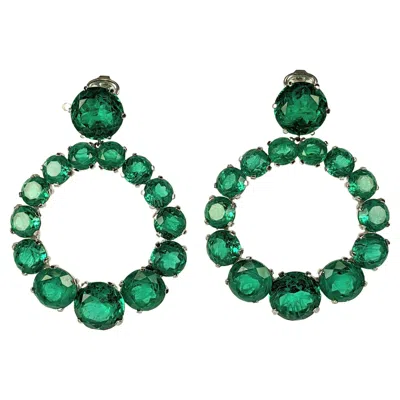Pre-owned Trifari Faux Emerald Hoop Earrings In Green