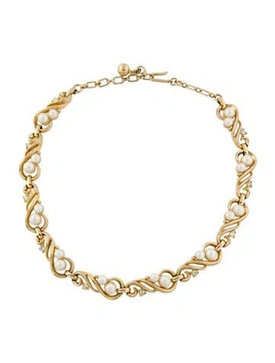 Pre-owned Trifari Faux Pearl & Crystal Chain Necklace, 15" In White