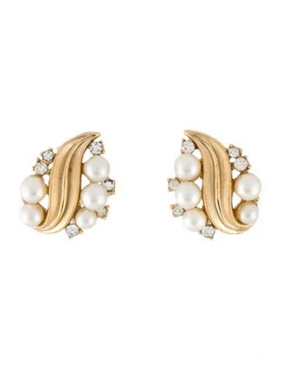 Pre-owned Trifari Faux Pearl & Crystal Clip On Earrings In White
