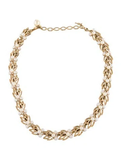 Pre-owned Trifari Faux Pearl & Crystal Collar Necklace, 15" In White