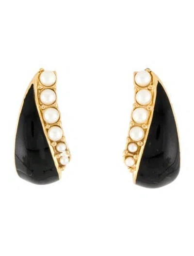 Pre-owned Trifari Faux Pearl & Enamel Huggie Earrings In Multi