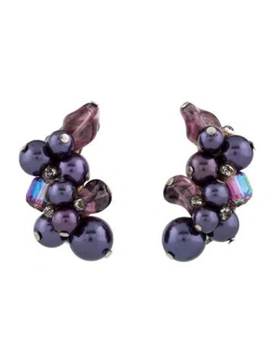 Pre-owned Trifari Faux Pearl & Glass Clip On Earrings In Purple