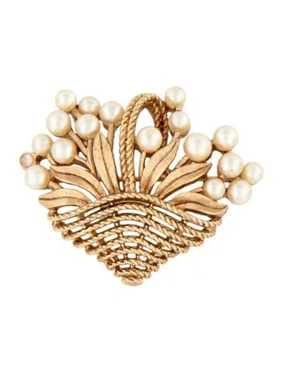 Pre-owned Trifari Faux Pearl Basket Brooch Pin In Multicolor