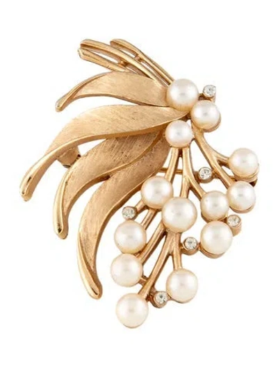 Pre-owned Trifari Faux Pearl Leaf Brooch In Multicolor