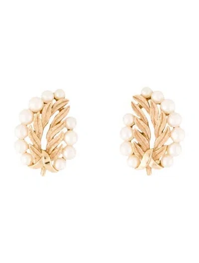 Pre-owned Trifari Faux Pearl Leaf Clip On Earrings In Multi