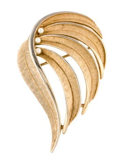 Pre-owned Trifari Faux Pearl Leaf Pin Brooch In Multi