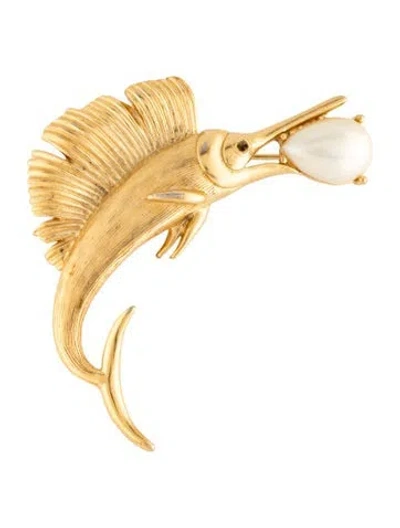 Pre-owned Trifari Faux Pearl Swordfish Pendant Brooch In Multicolor