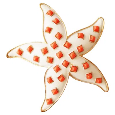 Pre-owned Trifari Gilt & White Enamel Starfish Brooch With Coral Cabochons By Crown , 1960s