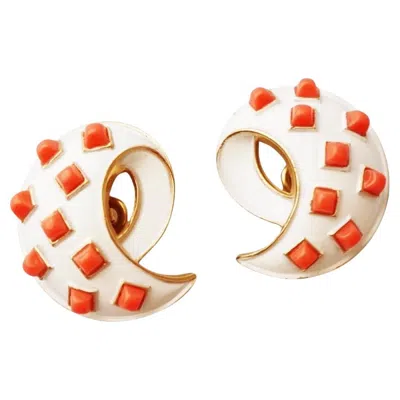 Pre-owned Trifari Gilt & White Enamel Swirl Earrings With Coral Cabochons By Crown , 1960s