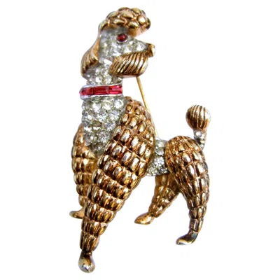 Pre-owned Trifari Gilt Metal Crystal Encrusted Poodle Dog Brooch C 1960 In Multi
