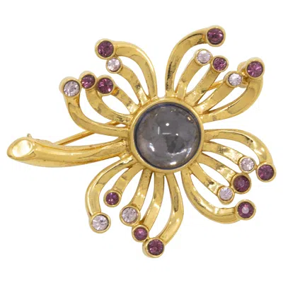 Pre-owned Trifari Gold Flower Pin Brooch With Amethyst Crystals And Cabochon In Purple