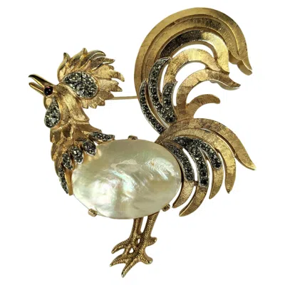 Pre-owned Trifari Rooster Pearl Belly Brooch In Brown
