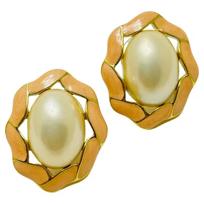 Pre-owned Trifari Signed Gold Enamel Pearl Designer Earrings In Multi