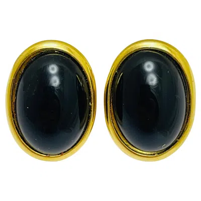 Pre-owned Trifari Signed Gold Tone Black Glass Designer Clip On Earrings
