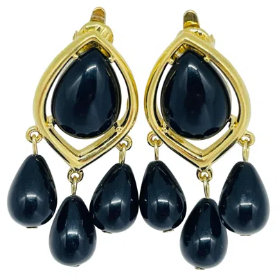 Pre-owned Trifari Signed Vintage Gold Tone Blue Black Lucite Drop Clip On Earrings