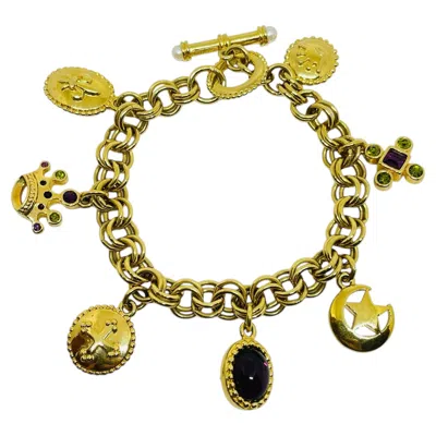 Pre-owned Trifari Signed Vintage Gold Tone Cross Crow Rhinestones Designer Charm Bracelet In Multi