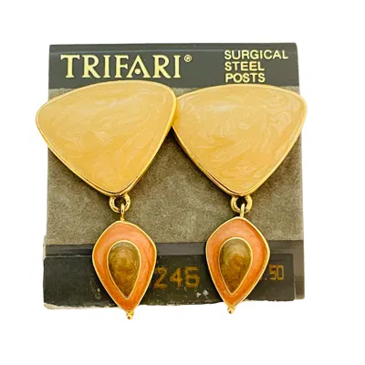 Pre-owned Trifari Signed Vintage Gold Tone Enamel Designer Dangle Earrings In Multi