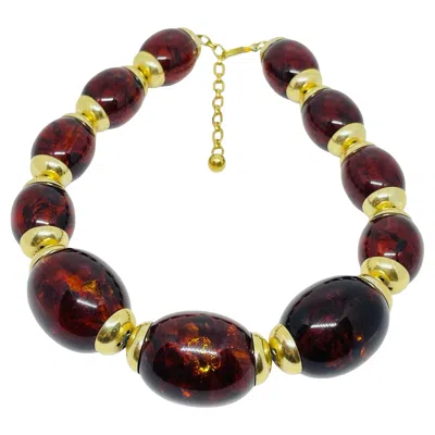 Pre-owned Trifari Signed Vintage Gold Tone Faux Amber Designer Beaded Necklace In Brown