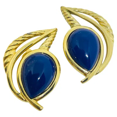 Pre-owned Trifari Signed Vintage Gold Tone Faux Lapis Designer Clip On Earrings In Multi