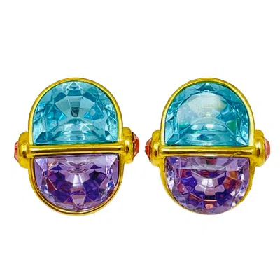 Pre-owned Trifari Signed Vintage Gold Tone Glass Amethyst Topaz Designer Clip On Earrings In Purple