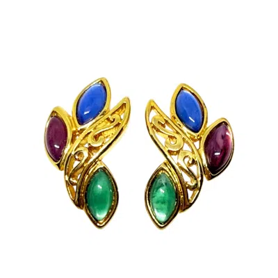Pre-owned Trifari Signed Vintage Gold Tone Jewel Glass Designer Clip On Earrings In Multi